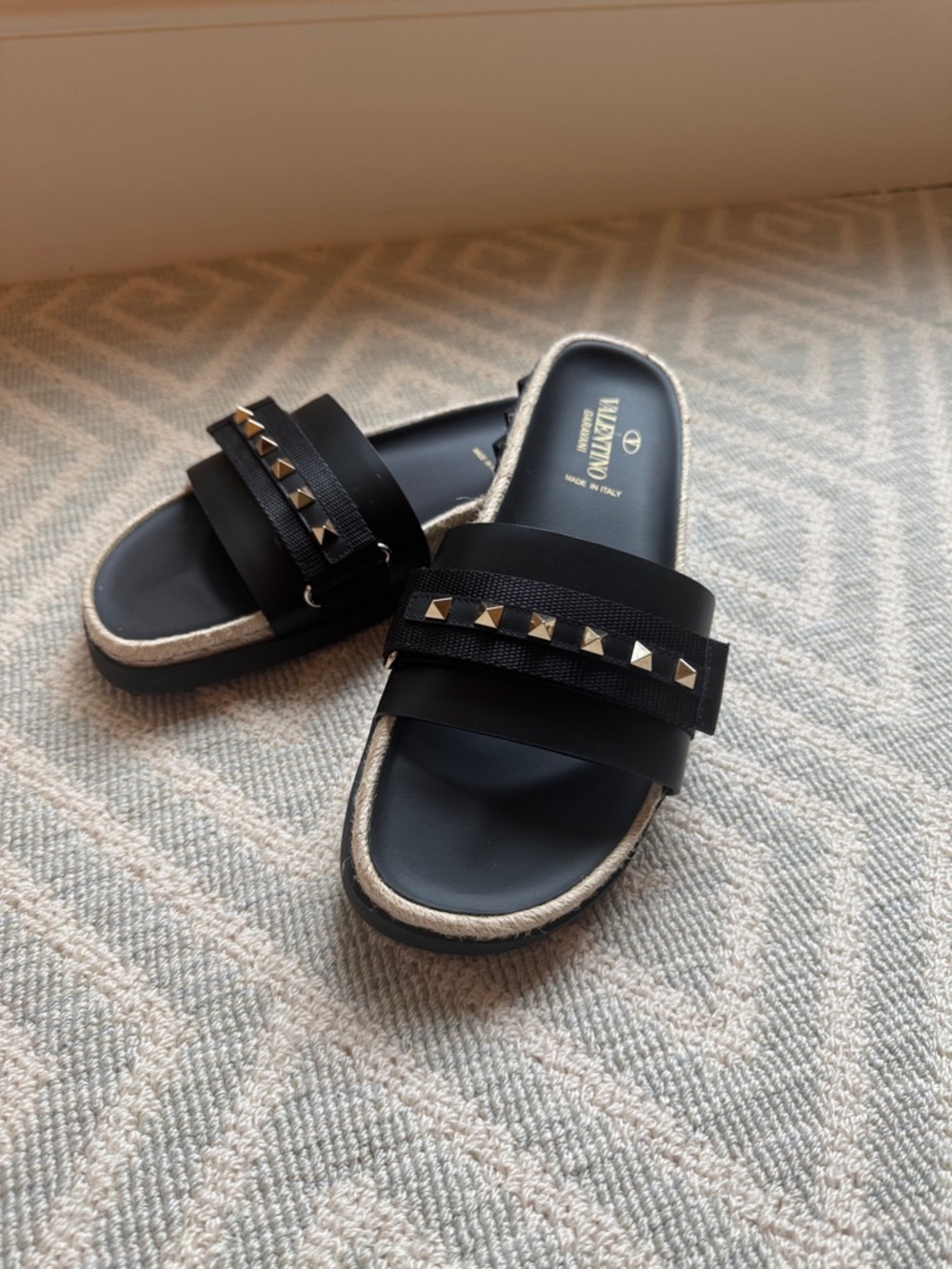 Valentino Black Rockstud Espadrille-Trim Slide Sandals